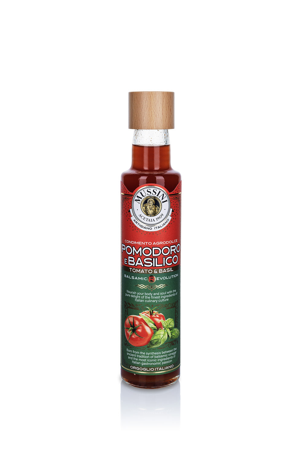 Bottle of Mussini Pomodoro e Basilico on a white background