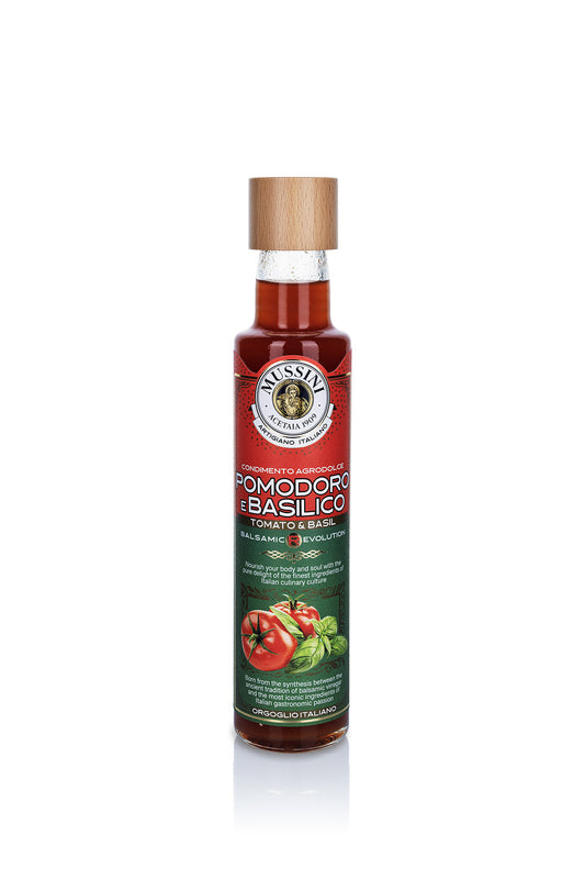 Bottle of Mussini Pomodoro e Basilico on a white background