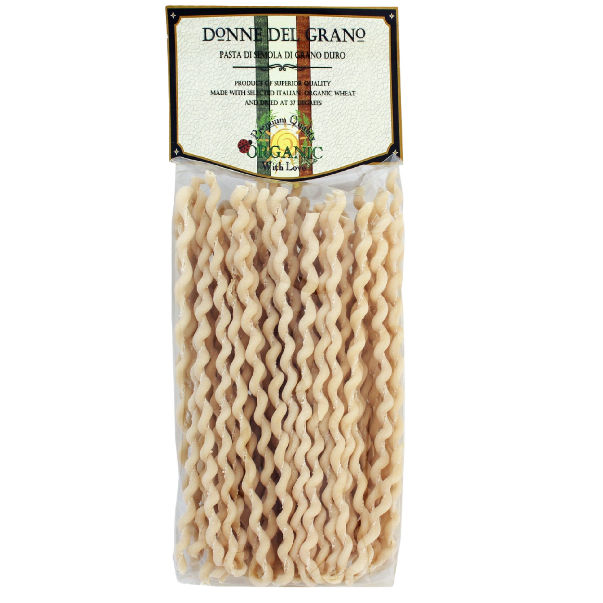 Packaged organic white pasta from Donne Del Grano, shaped like a tube and produced in Italy.
