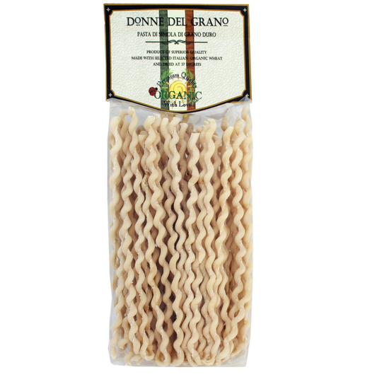Packaged organic white pasta from Donne Del Grano, shaped like a tube and produced in Italy.