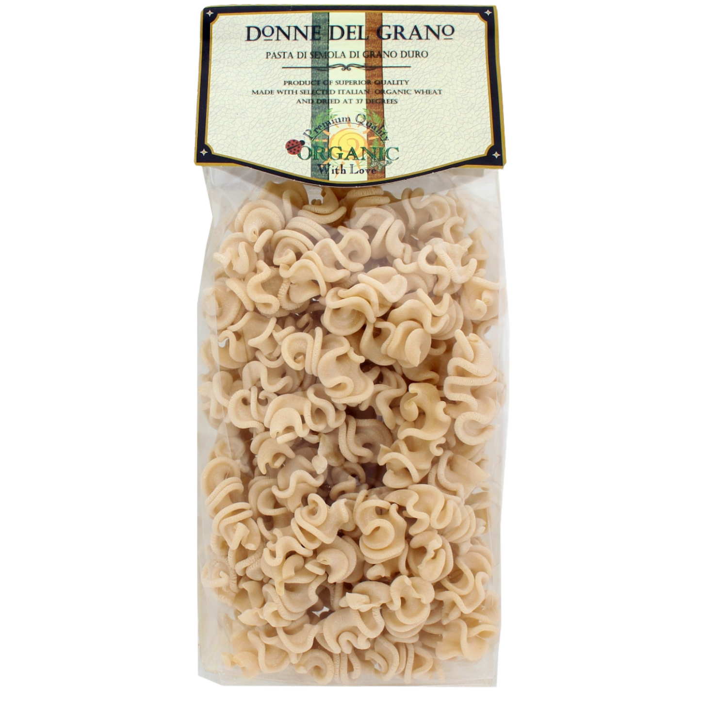 Packaged organic white pasta, Donne Del Grano brand, with the label showing '100% Organic'. 