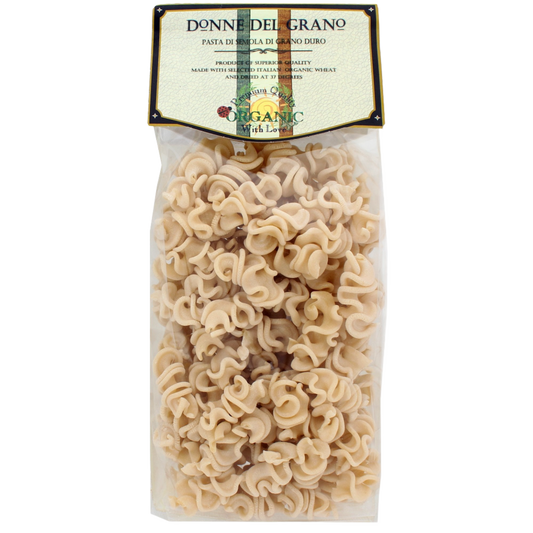 Packaged organic white pasta, Donne Del Grano brand, with the label showing '100% Organic'. 