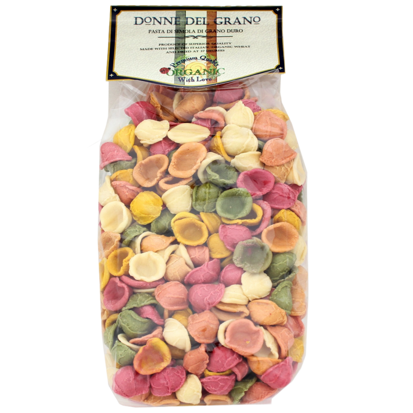 Packaged Orecchiette pasta in a clear plastic jar, with colors ranging from red, yellow, green, and pink, labeled 'Donne Del Grano' and marked as organic.