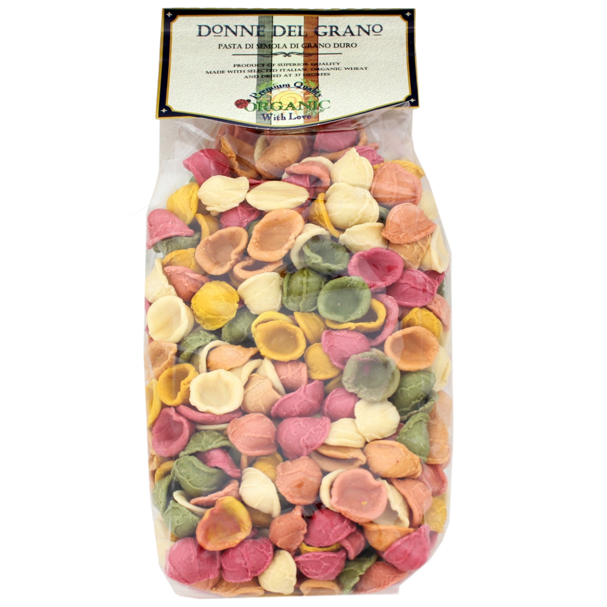 Packaged Orecchiette pasta in a clear plastic jar, with colors ranging from red, yellow, green, and pink, labeled 'Donne Del Grano' and marked as organic.
