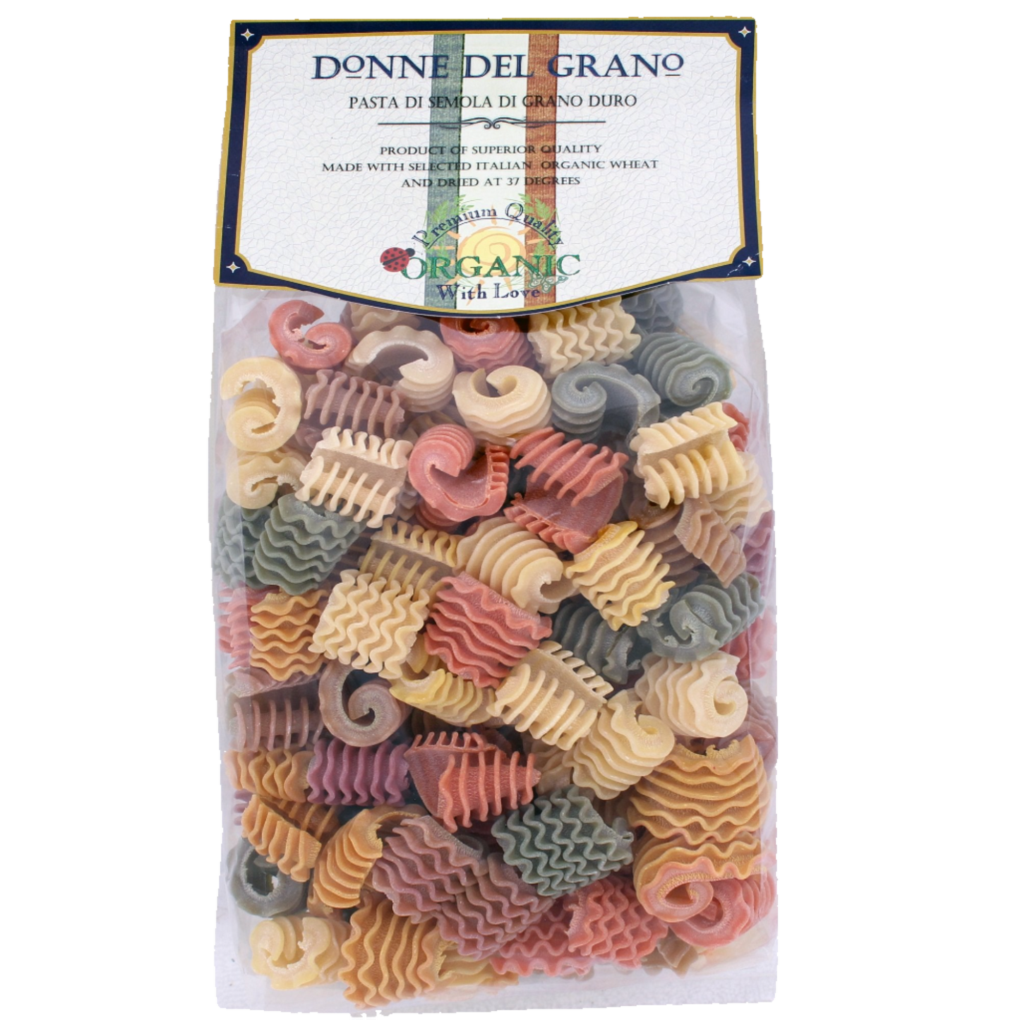 Packaged Spugnole (Morels) colored pasta from Donne Del Grano, featuring a variety of shapes and colors such as green, yellow, red, and beige, produced in Italy.