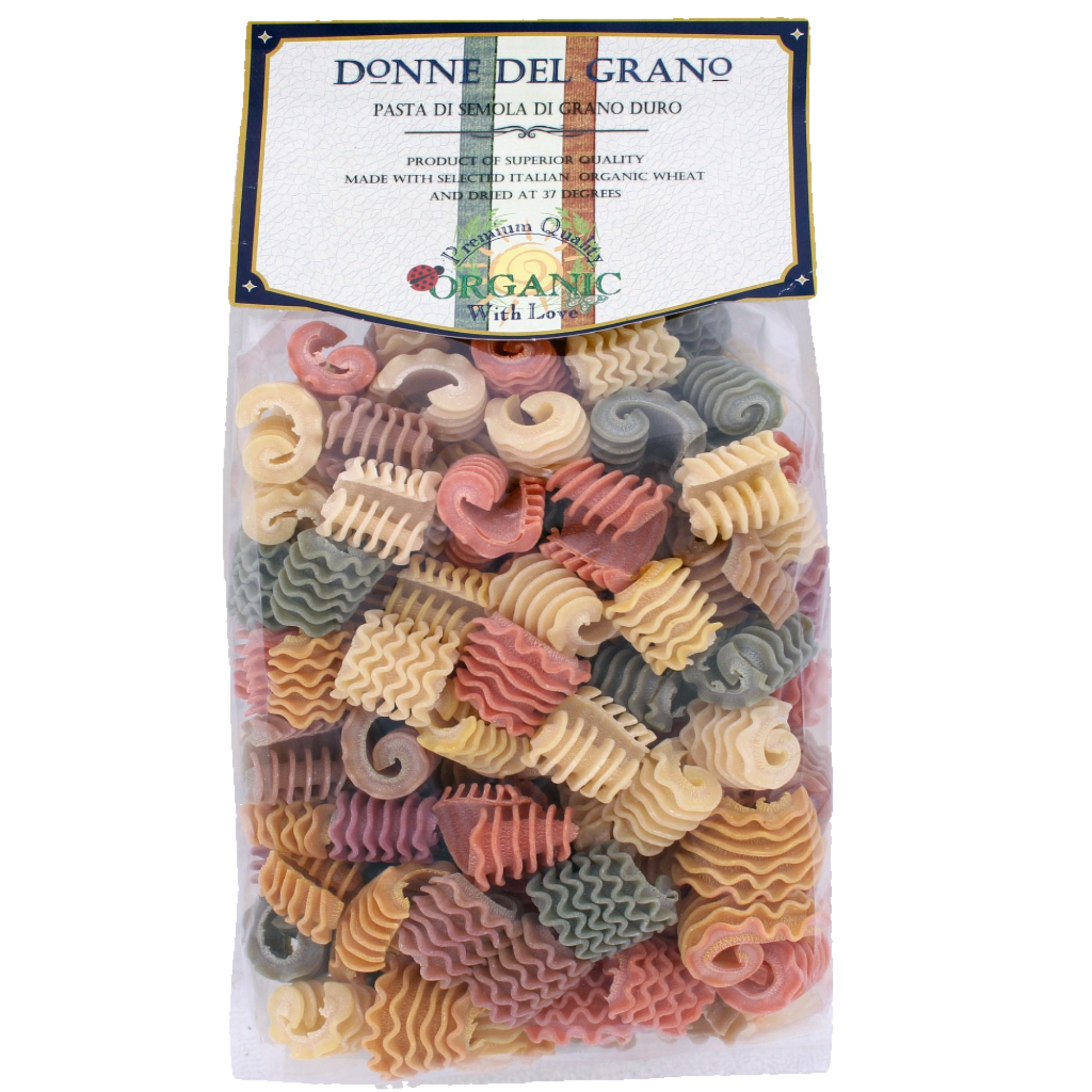 Packaged Spugnole (Morels) colored pasta from Donne Del Grano, featuring a variety of shapes and colors such as green, yellow, red, and beige, produced in Italy.