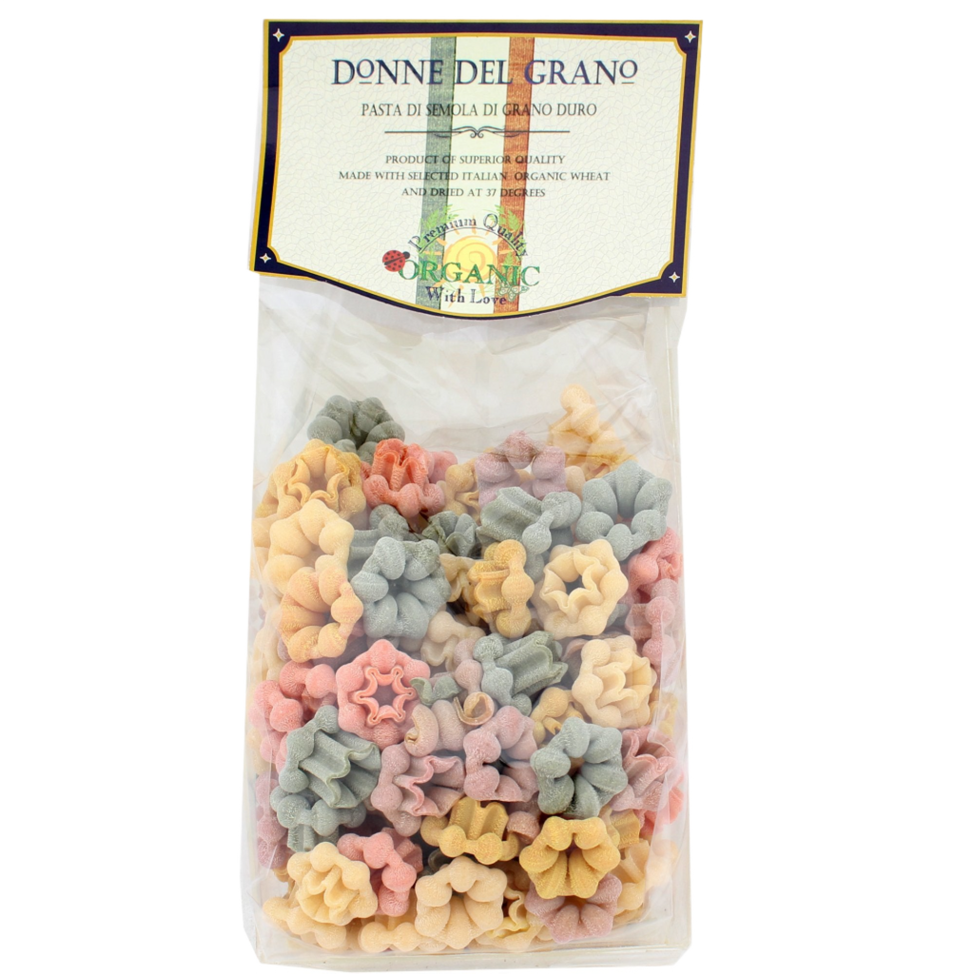 Packaged Donne Del Grano organic colored pasta, displaying a variety of shapes and colors such as green, yellow, red, and beige.