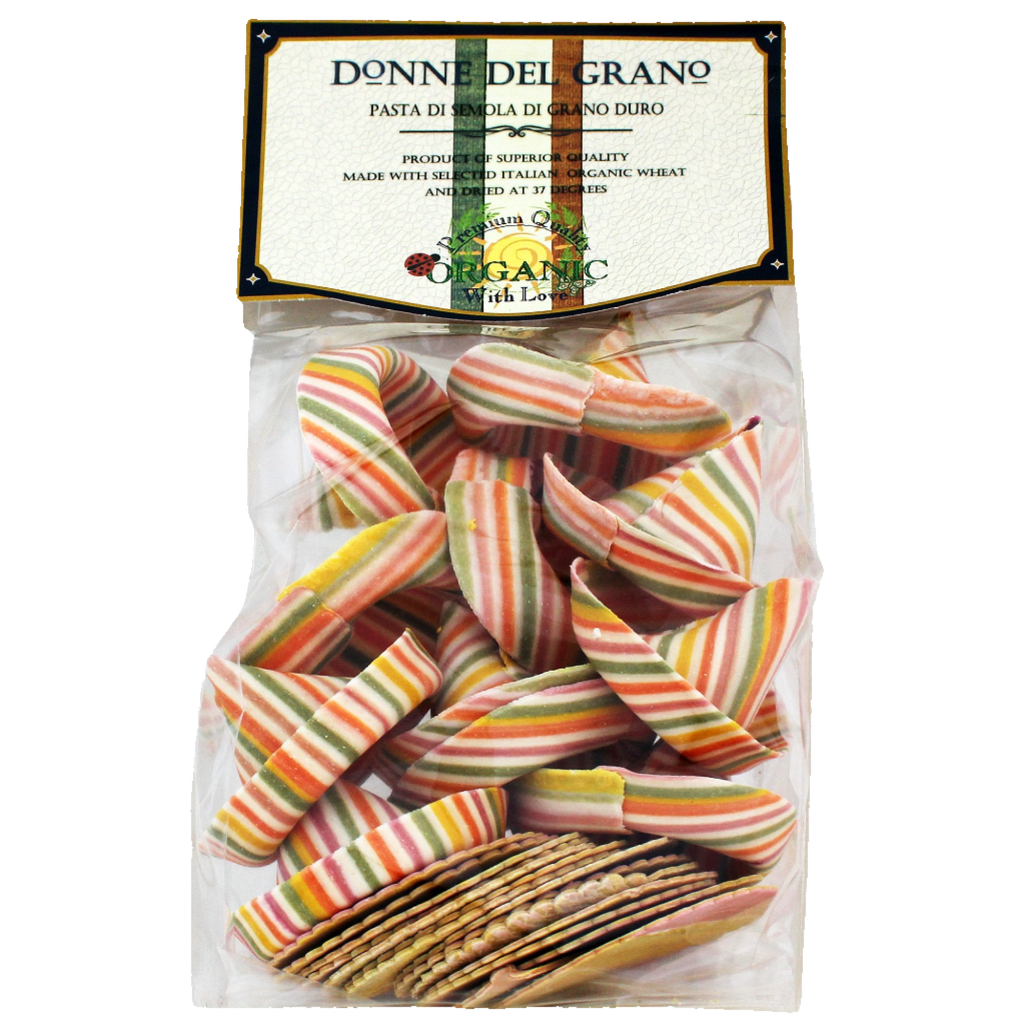 Packaged organic Mexican hats pasta in a clear plastic bag with a label showing the product name and a green, yellow, and red striped patterned design.