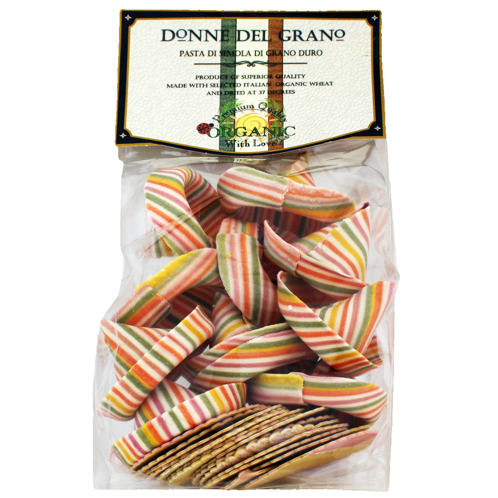 Packaged organic Mexican hats pasta in a clear plastic bag with a label showing the product name and a green, yellow, and red striped patterned design.