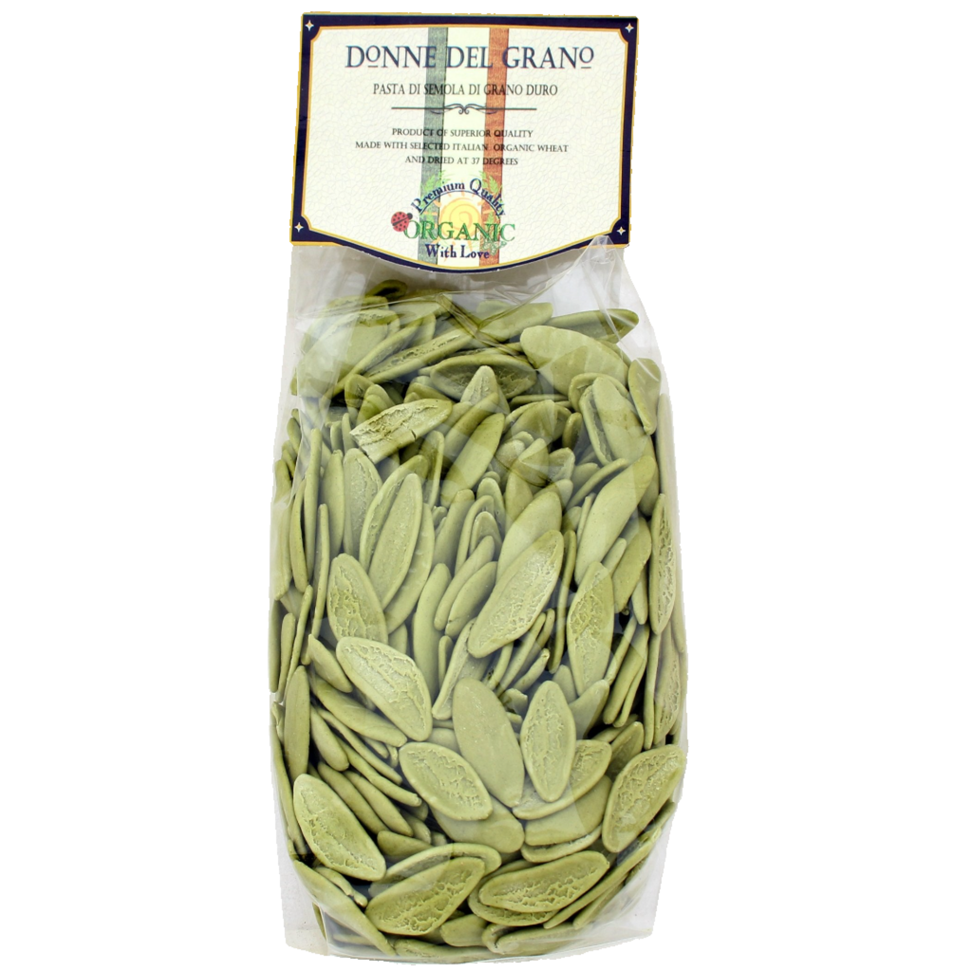 Packaged organic green olive leaf pasta named 'Foglie d'Oliva' by Donne Del Grano, displayed in a clear plastic container with a label showing the brand and product name.