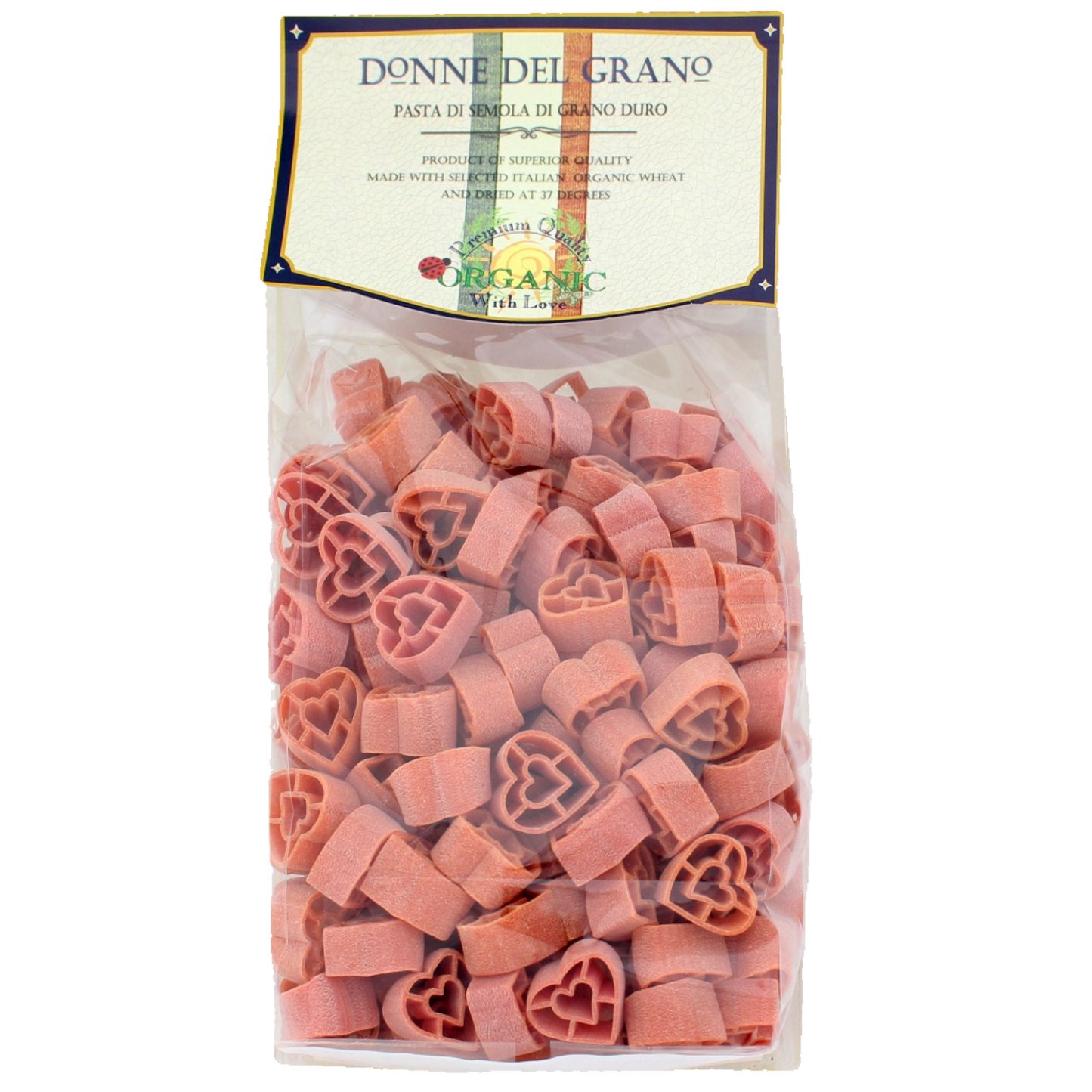 Packaged red heart-shaped pasta called 'Cuoricini' by Donne Del Grano, made from durham wheat and natural paprika.