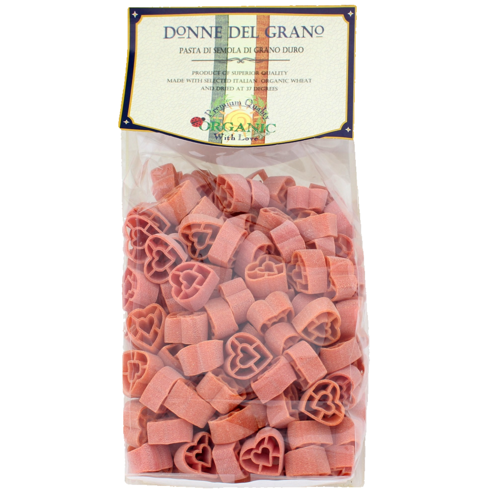 Packaged red heart-shaped pasta called 'Cuoricini' by Donne Del Grano, made from durham wheat and natural paprika.