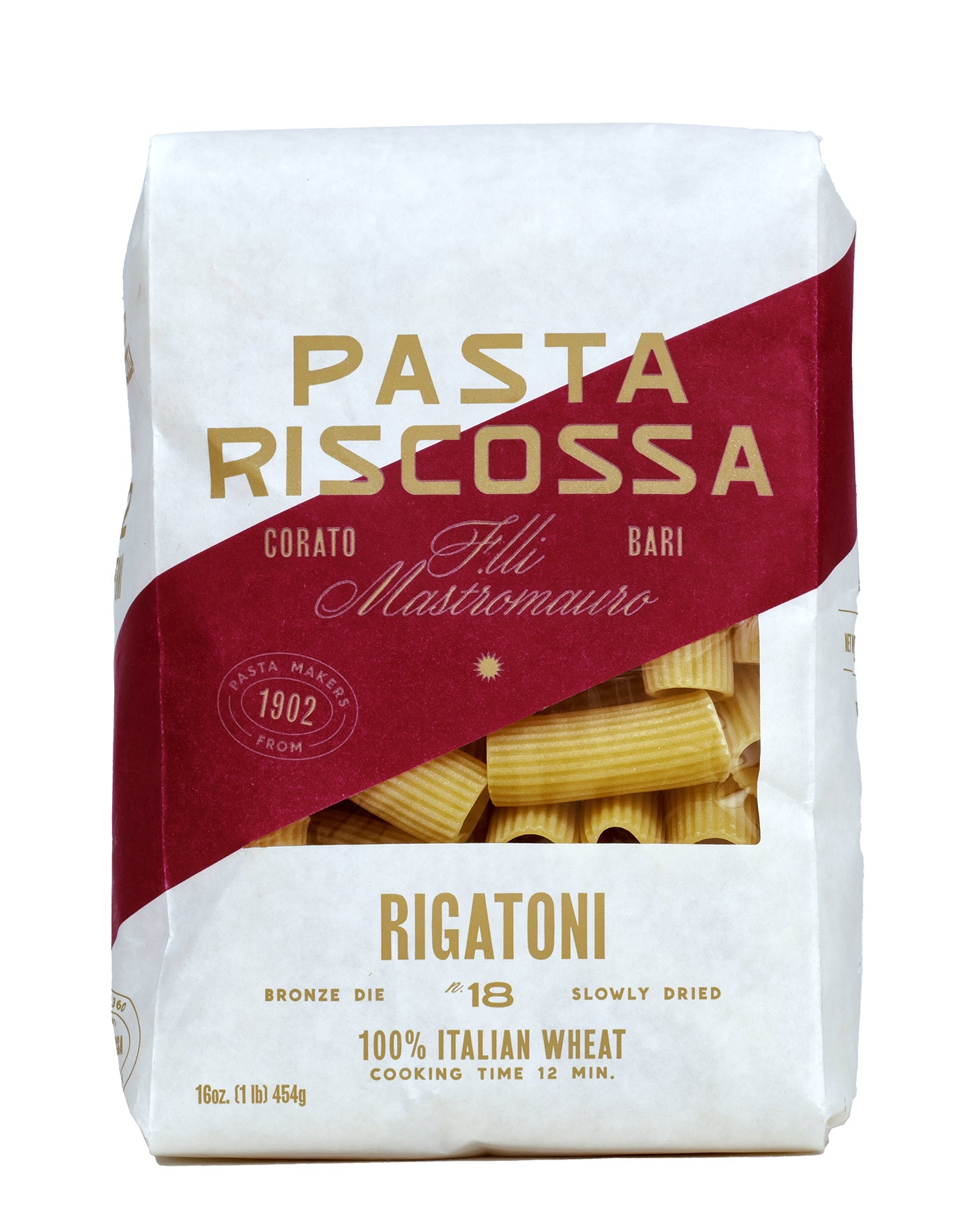 Packaging of Riscossa Rigatoni pasta, showcasing the pasta itself along with the brand name and product details.