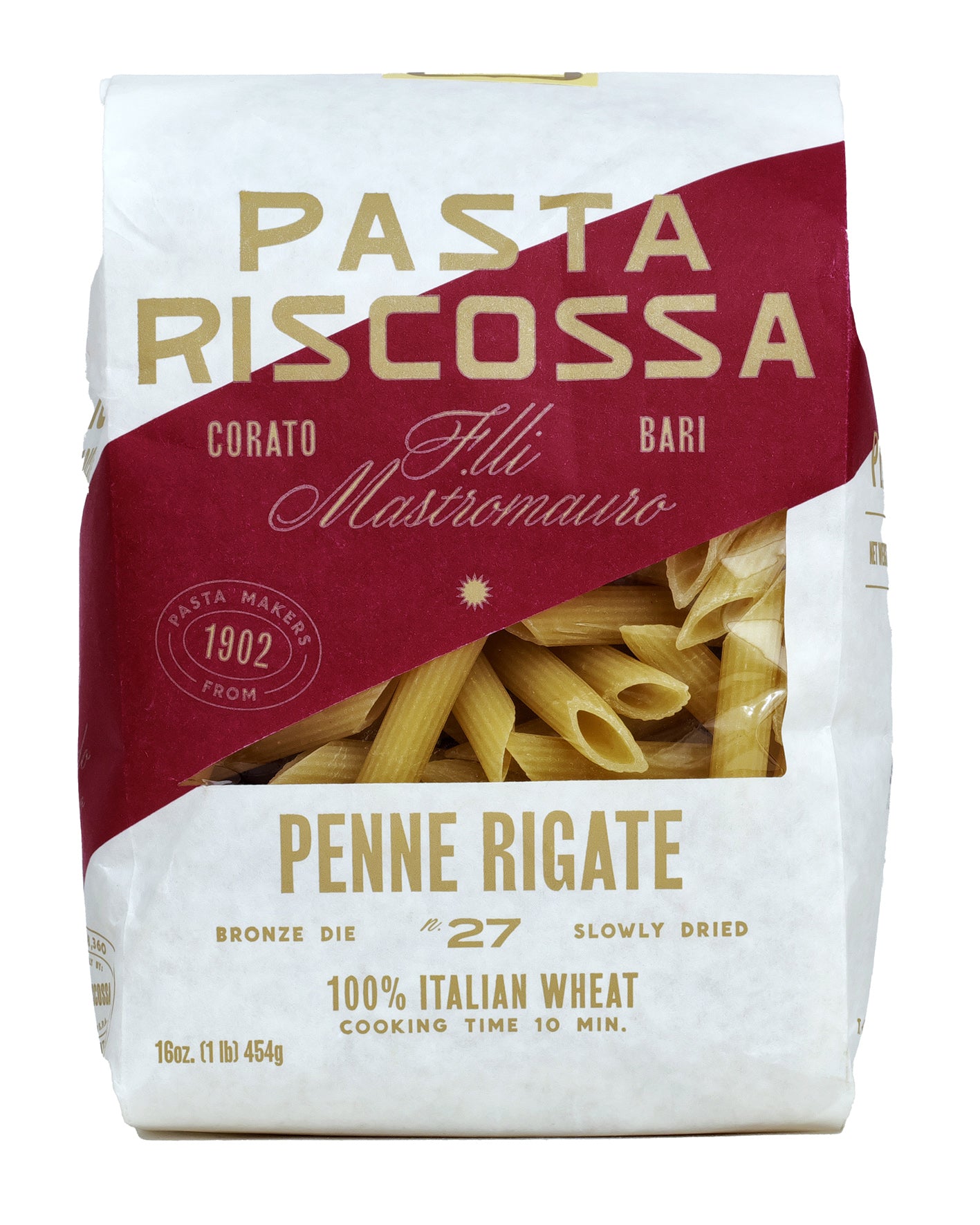 Packaging of Riscossa Penne Rigate pasta, with the pasta visible through a window on the bag. The bag is primarily red and white with text detailing the product name and characteristics.