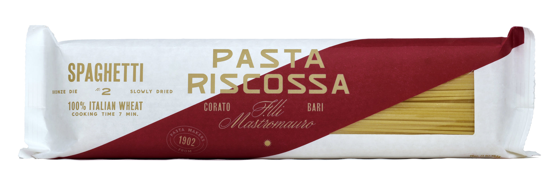 Packaging of Riscossa Spaghetti pasta, with red and gold stripes and the brand name prominently displayed.