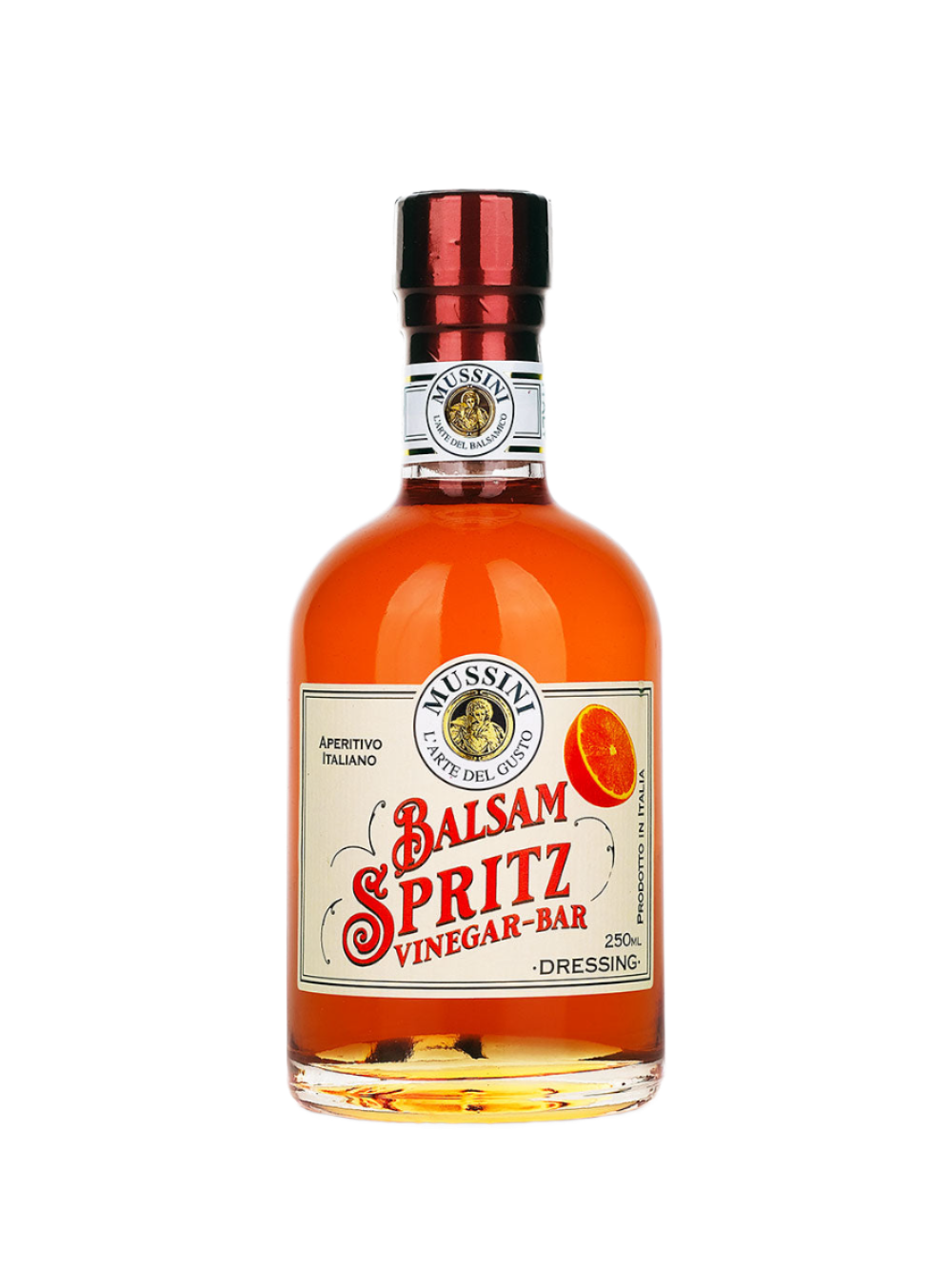 A bottle of Mussini Balsamic Spritz Vinegar Cocktail Mixer, with a label showing the product name and volume.