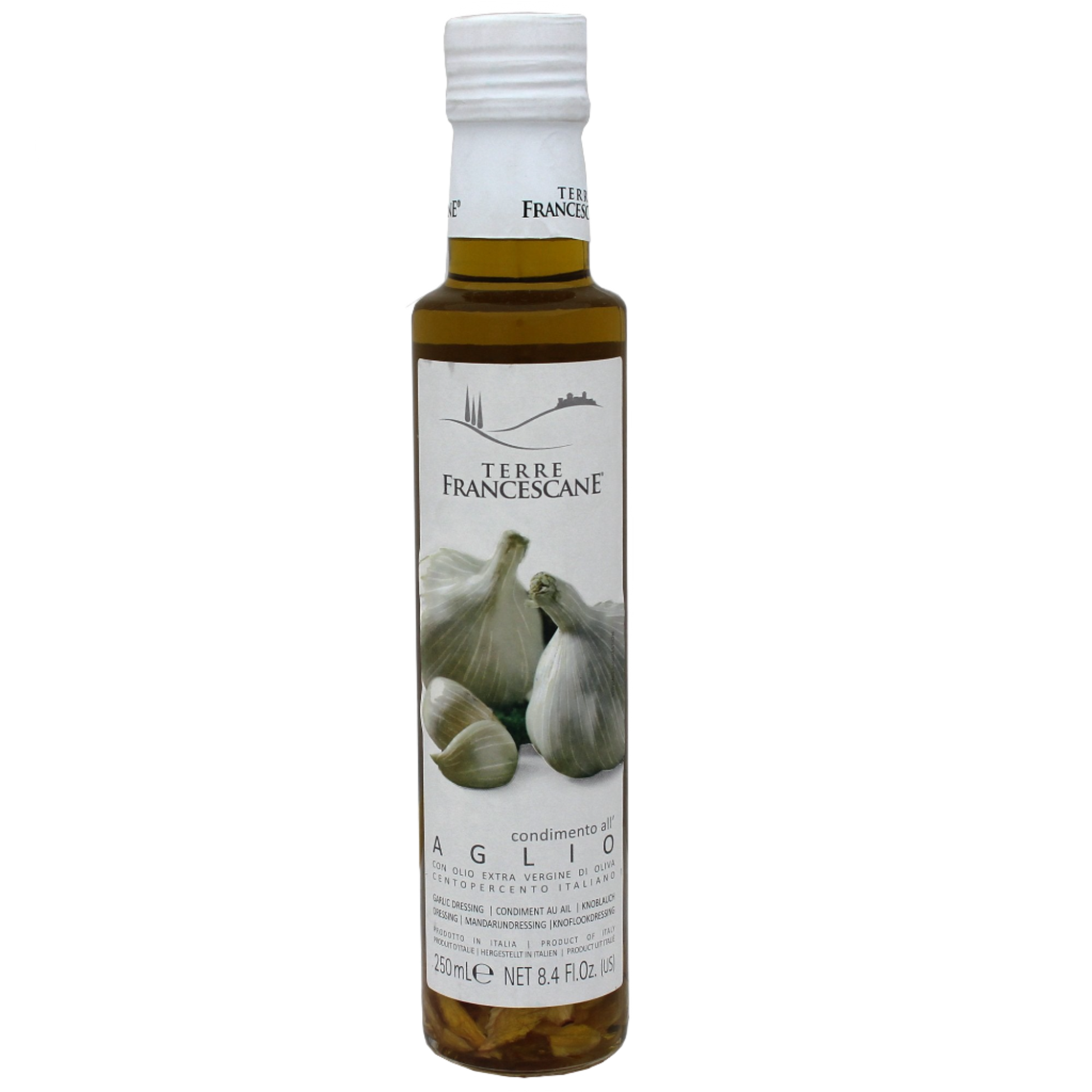 Bottle of Terre Francescane garlic infused extra virgin olive oil with a label showing garlic and the brand name.