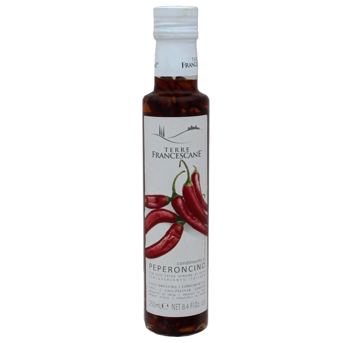 Bottle of Terre Francescane Pepper Infused Extra Virgin Olive Oil with a label showing red peppers and indicating the flavor and origin.