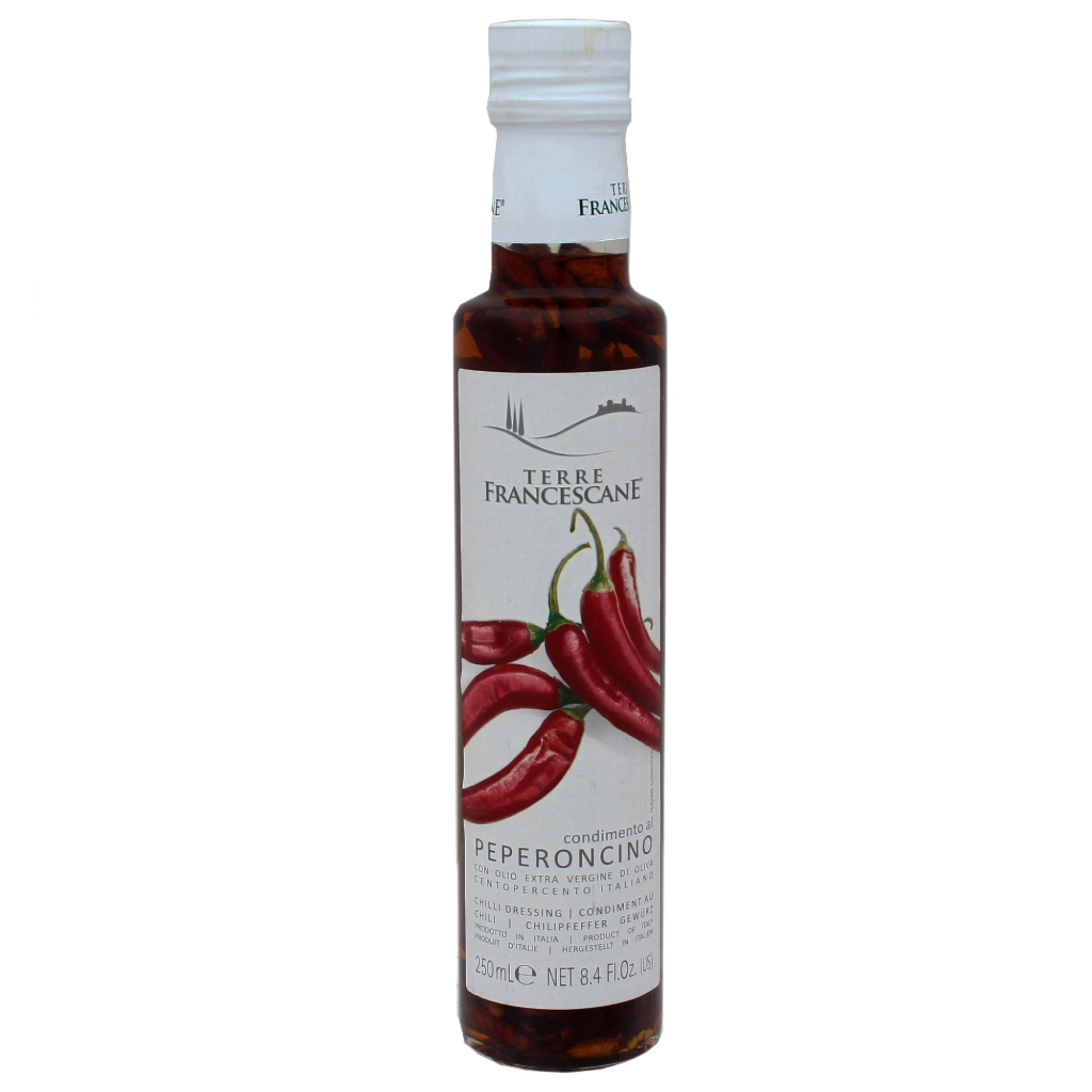 Bottle of Terre Francescane Pepper Infused Extra Virgin Olive Oil with a label showing red peppers and indicating the flavor and origin.