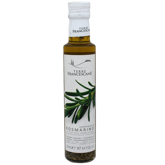 A bottle of Terre Francescane Rosemary Infused Extra Virgin Olive Oil with a label showing rosemary leaves and the brand name.