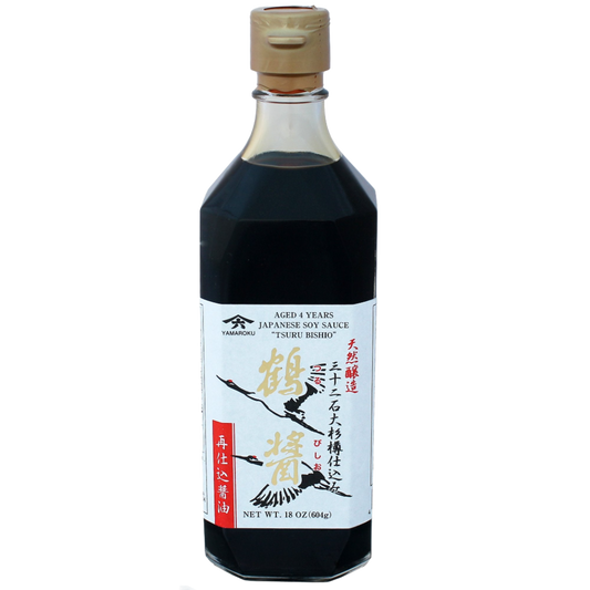 A bottle of Tsuru Bishio soy sauce aged 4 years, Made by Yamaroku Shoyu in Japan