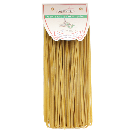 Packaged Sbiroli brand garlic and basil flavored linguine pasta in a clear plastic packaging with the brand and product name visible.