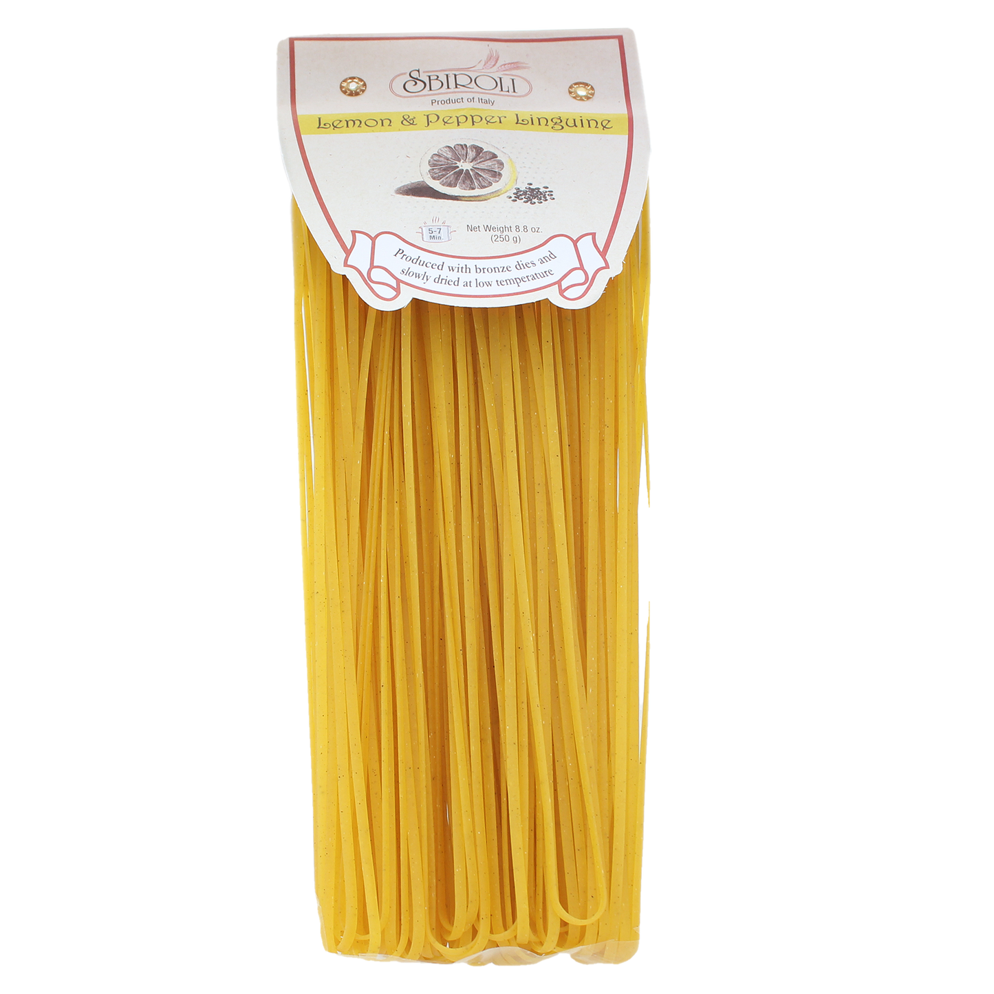 Packaged Sbiroli brand lemon and pepper flavored linguine pasta in a clear plastic container with a yellow label displaying the product name and an image of the pasta.