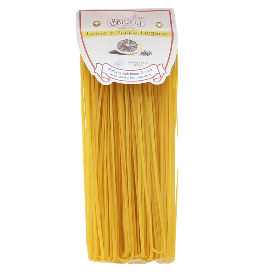 Packaged Sbiroli brand lemon and pepper flavored linguine pasta in a clear plastic container with a yellow label displaying the product name and an image of the pasta.