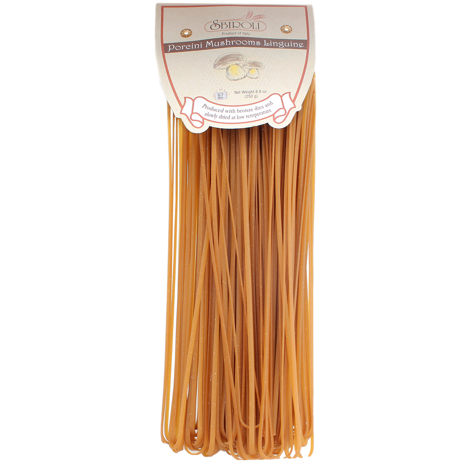 Pack of Sbiroli Porcini Mushroom Linguine Pasta in a clear plastic package, showing the pasta and the brand label.