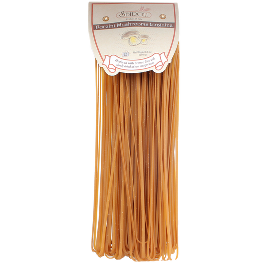 Pack of Sbiroli Porcini Mushroom Linguine Pasta in a clear plastic package, showing the pasta and the brand label.