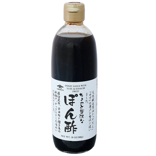 A bottle of Soy Sauce with Yuzu & Saduchi Fruit (Ponzu), 18oz size, with Japanese labeling. Japanese Soy Sauce by Yamaroku.