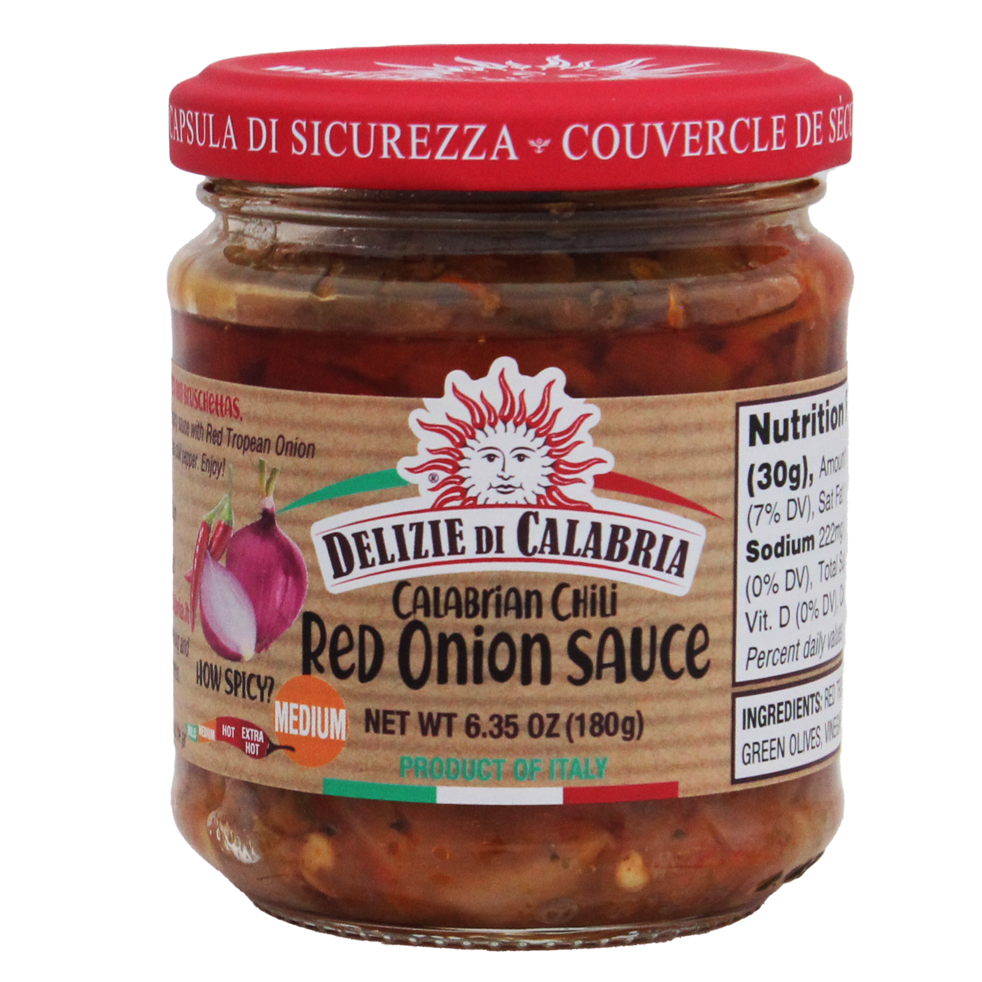 A jar of Calabrian Chili Red Onion Sauce with a label displaying the brand name and product details, indicating it is made in Italy.