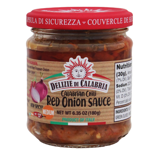 A jar of Calabrian Chili Red Onion Sauce with a label displaying the brand name and product details, indicating it is made in Italy.