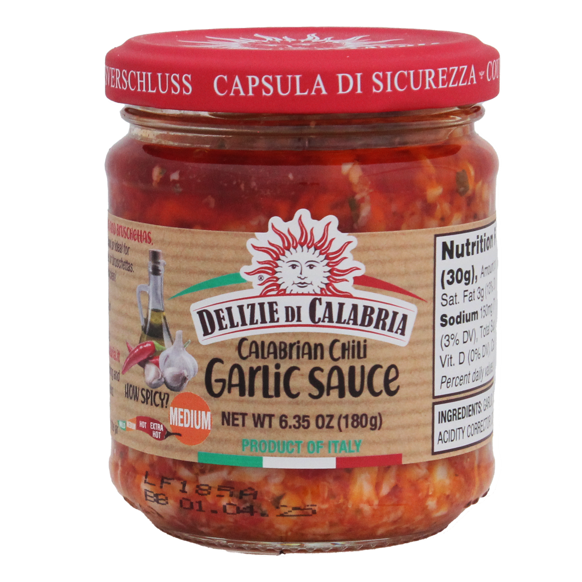 A jar of Calabrian Chili Garlic Sauce with a red label and the brand 'Delizie Di Calabria' visible on the label.