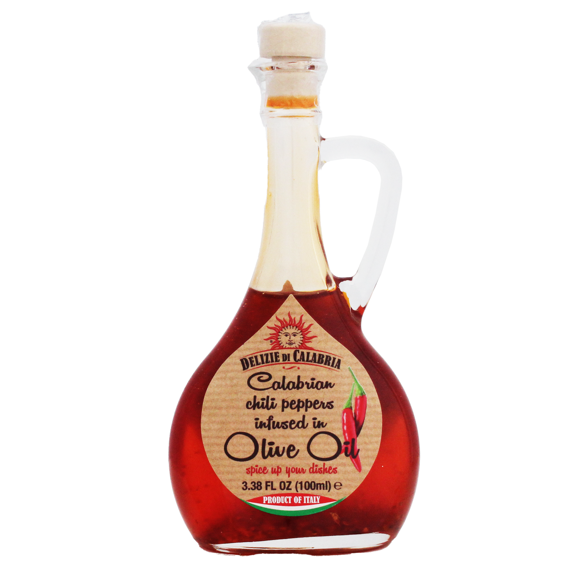 A bottle of Calabrian chili pepper infused olive oil with a white ceramic pourer. The label indicates the product is 3.38 fl oz