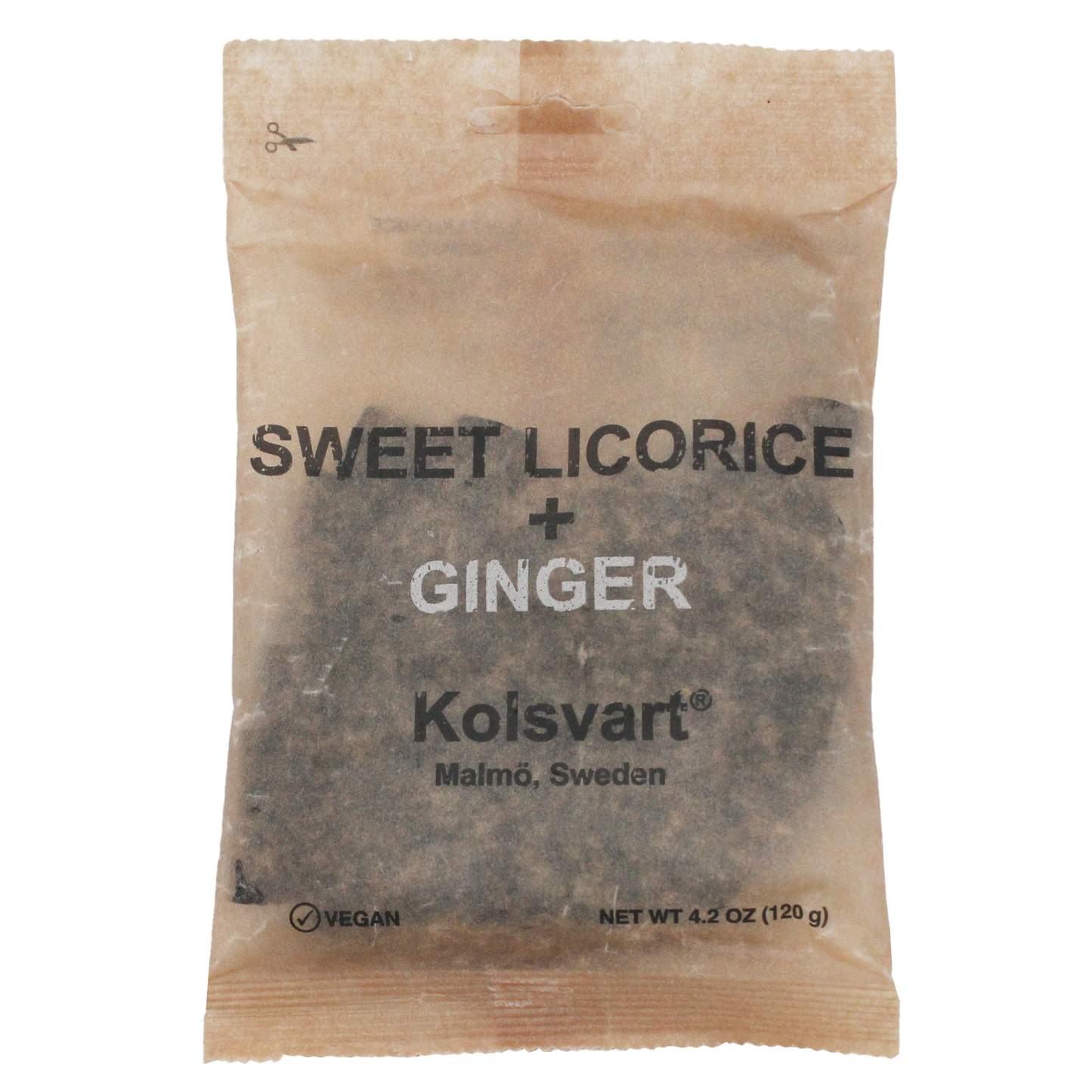 Packaging of Sweet Licorice + Ginger by Kolsvart, Malmõ, Sweden. The bag is white with text and the Kolsvart logo, indicating the product is vegan