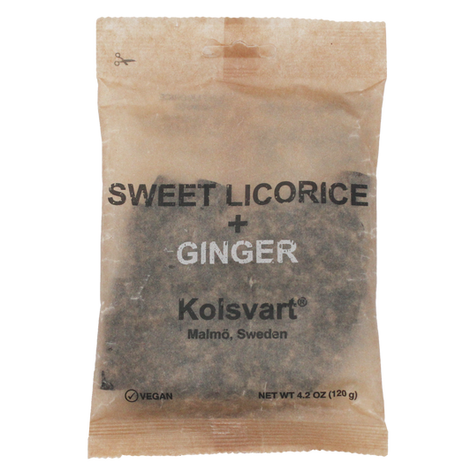Packaging of Sweet Licorice + Ginger by Kolsvart, Malmõ, Sweden. The bag is white with text and the Kolsvart logo, indicating the product is vegan